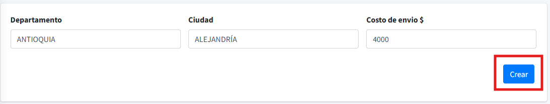 Registrar nuevo costo de envío